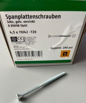 200 Stück Spanplattenschrauben Seko, galv. verzinkt 4,5 x 70/42 -T20 , Spax, 89098.014.0045.070 (VPE: 200 Stück)